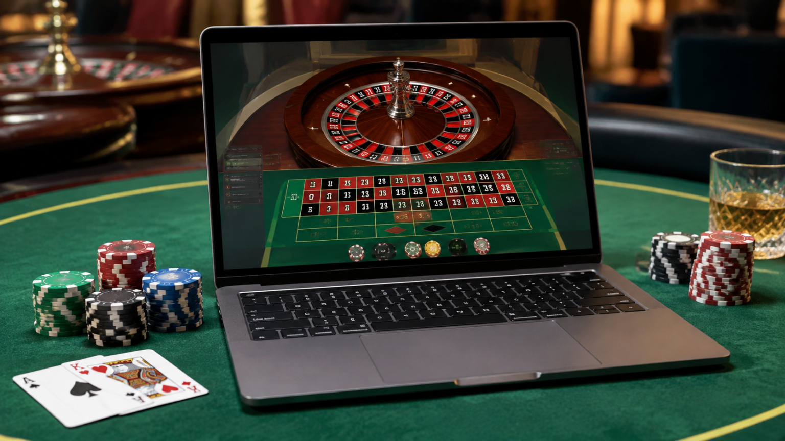 ブックメーカーを比較する際に役立つ運営情報とSlots Casinosの確認ポイント Laptop showing an online casino roulette game beside casino chips and playing cards