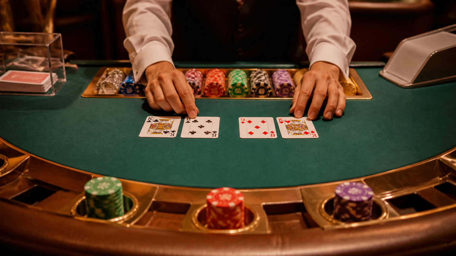 Bàn baccarat với bài tây và phỉnh cược trong casino
