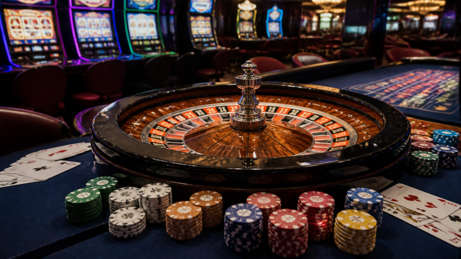 Casino roulette table with slot machines and playing cards