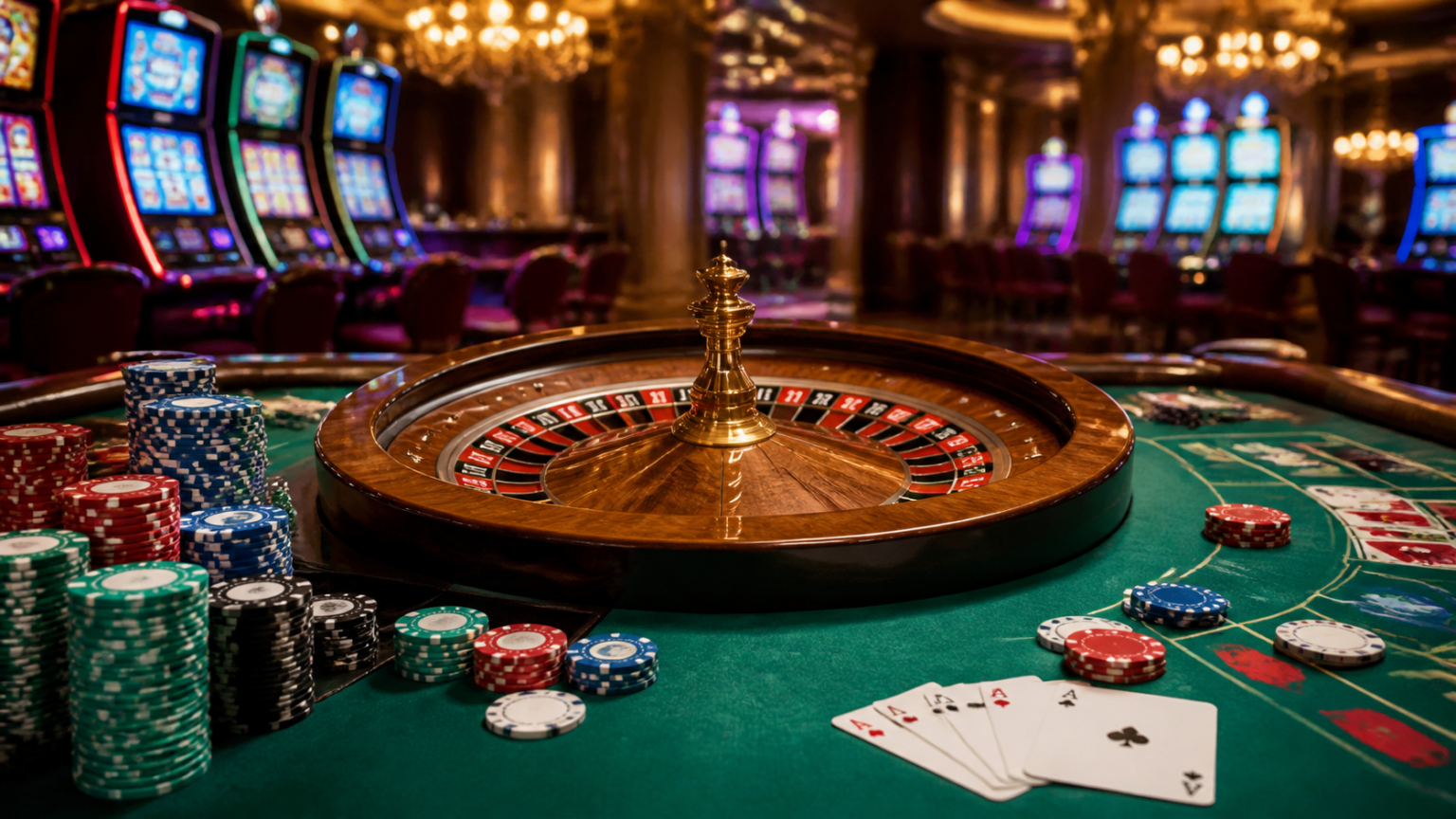 Tavolo da casinò con roulette e slot machine