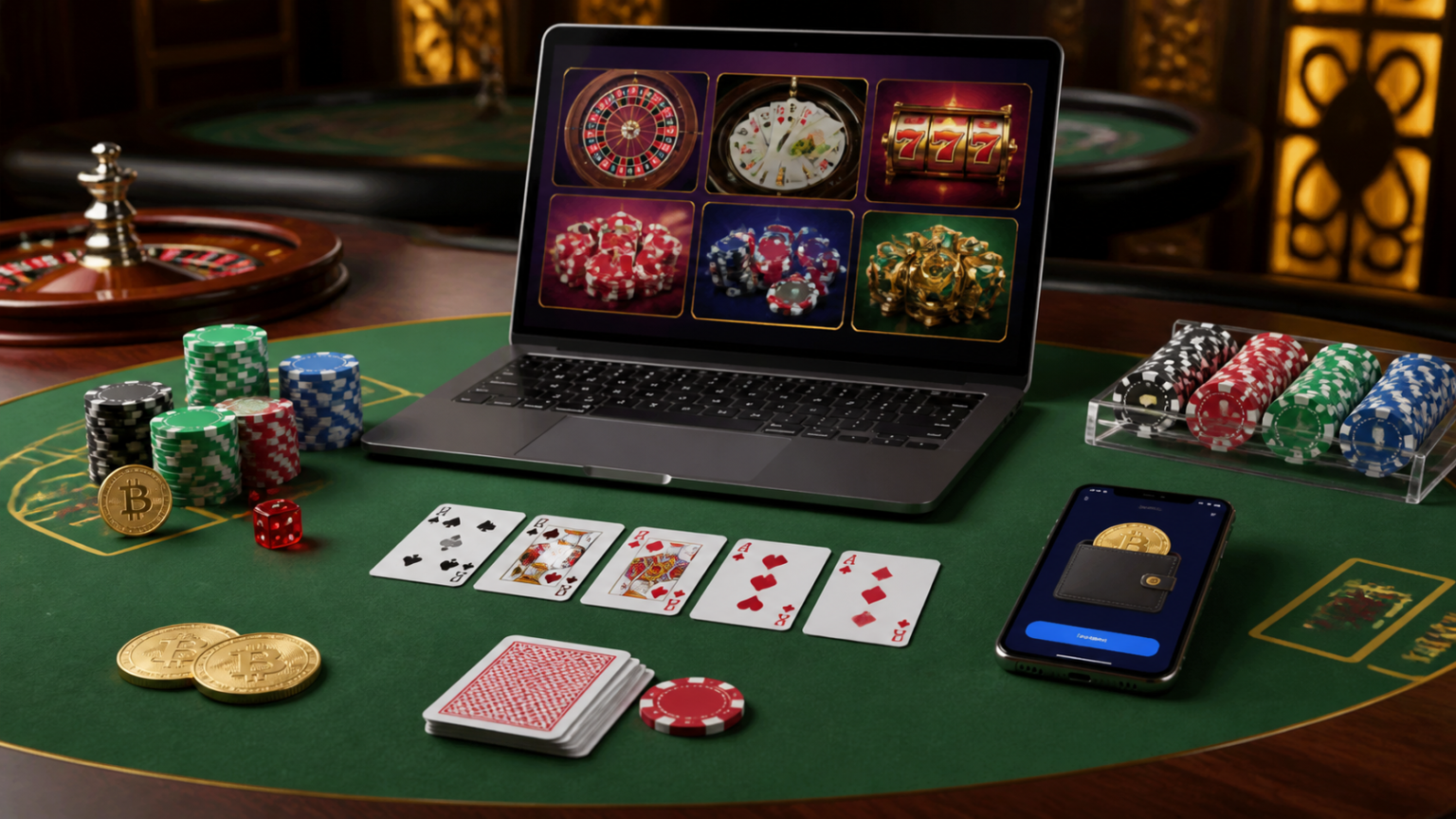 How Crypto Casino Platforms Typically Work: crypto casino Singapore Crypto casino gaming setup with laptop, phone wallet, and casino chips