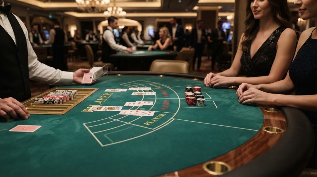 Bàn chơi game bài baccarat trực tuyến với các lá bài và chíp cược