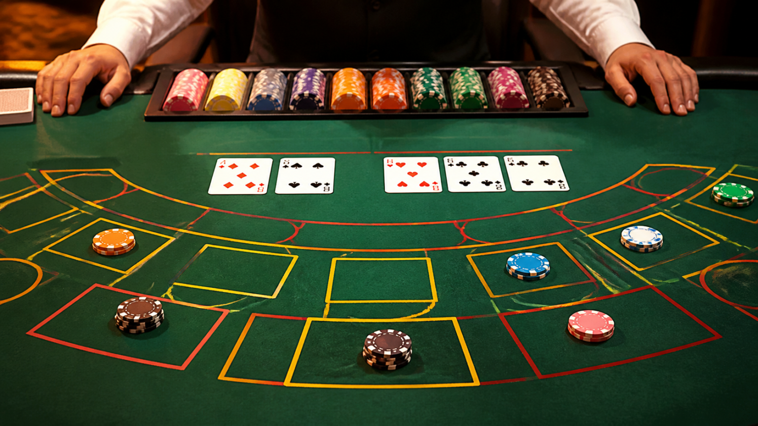 Nắm luật baccarat trước khi chọn bàn: trang đánh baccarat Bàn baccarat với bài, phỉnh và các cửa cược được bố trí rõ ràng