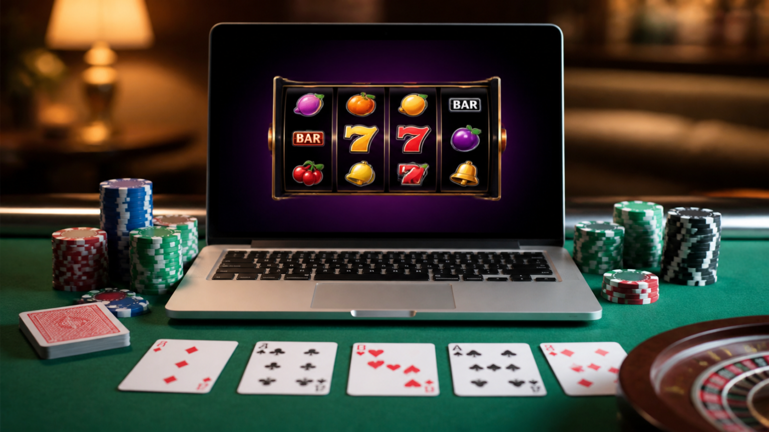 คาสิโนออนไลน์ยอดนิยม รวมเกมหลากหลายรูปแบบที่คุณไม่ควรพลาด Laptop showing an online casino game interface with chips and cards