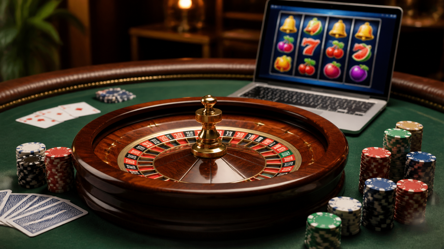 Casino Non AAMS: Vantaggi, Rischi e Aspetti da Considerare Online casino setup with slot reels, chips, and roulette wheel