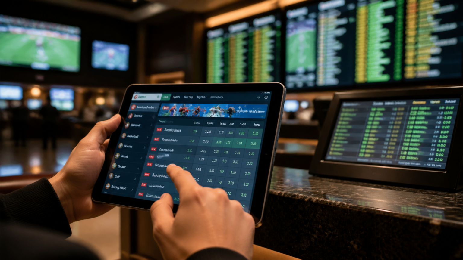 Sports betting website displaying event listings and odds on a tablet
