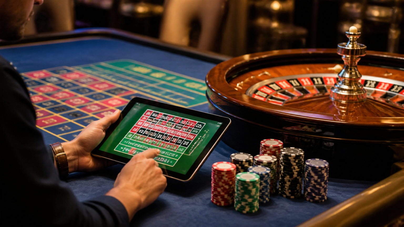 Migliori Casino Online: Aspetti da Controllare Prima del Primo Deposito Person viewing online betting on a phone beside casino chips and roulette wheel